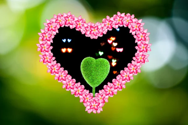 Una forma de corazón sobre fondo borroso en el marco de flores rosadas — Foto de Stock