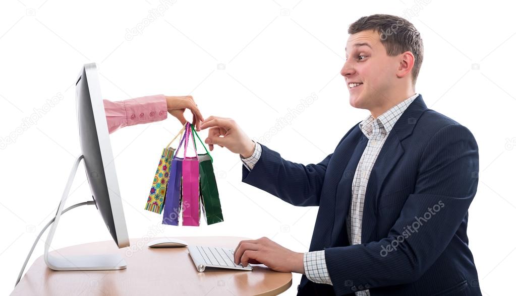 Internet Shopping and Delivery young Man gets Purchases 