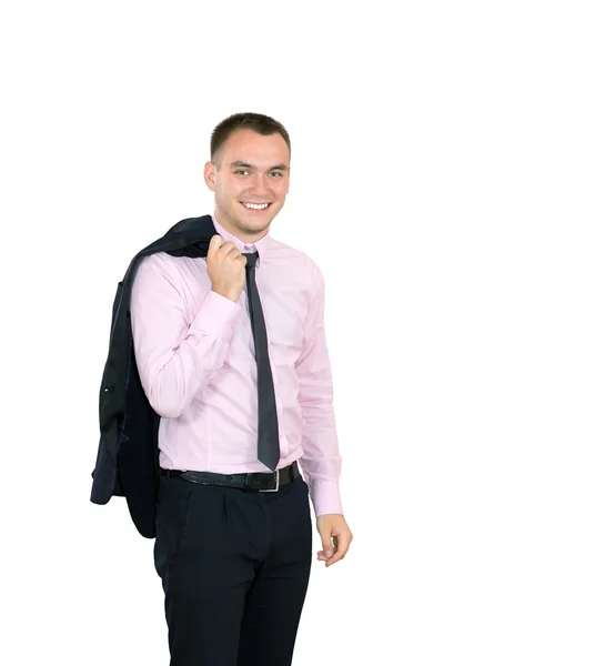 Genç gülümseyen adam iş kıyafet yönetmeliğini de beyaz arka plan — Stok fotoğraf