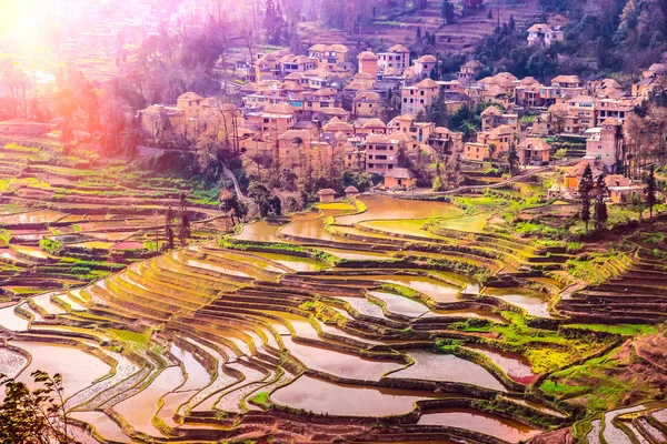 Village in South China with traditional Houses and Rice Terraces — Stock Photo, Image