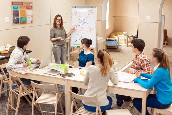 Junge Leute hören Vortrag von Managerin zu — Stockfoto