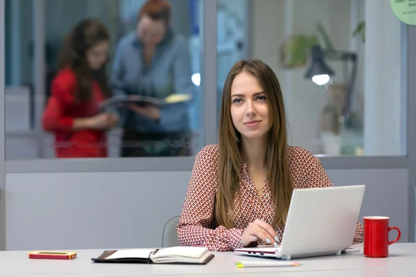 Unternehmerin sitzt mit Computer am Bürotisch — Stockfoto