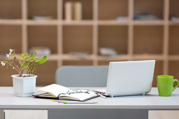 Cozy working Place on Wood Wall background — Stock Photo, Image