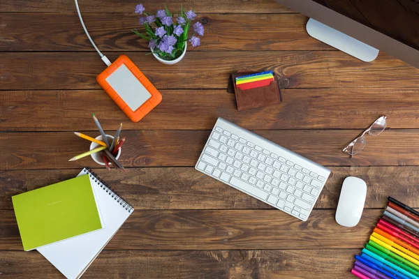 Unusual Working Place on Cozy Dark wooden Table — Stock Photo, Image