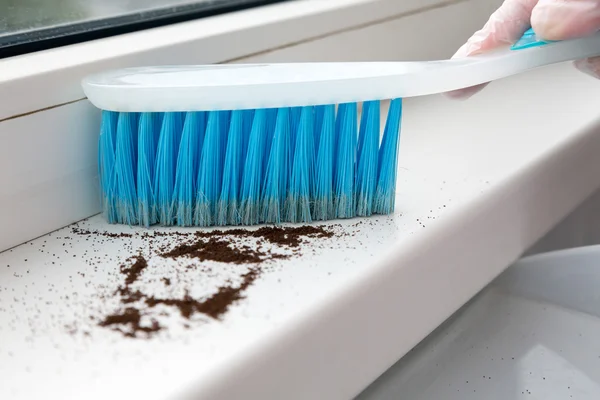 Persona che fa pulizia domestica con spazzola e pala — Foto Stock