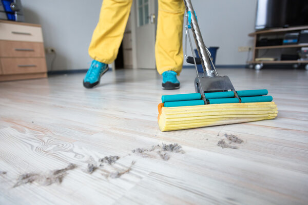 Person washing wooden floor with brush mop