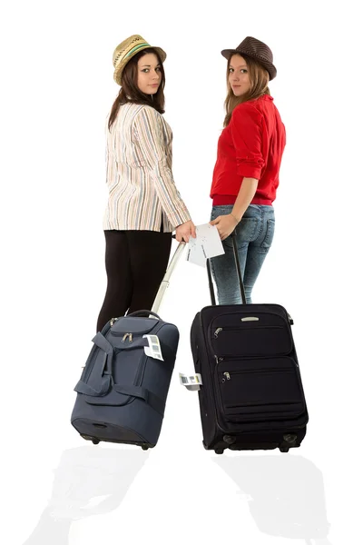 Giovani turisti femminili e l'aeroporto — Foto Stock