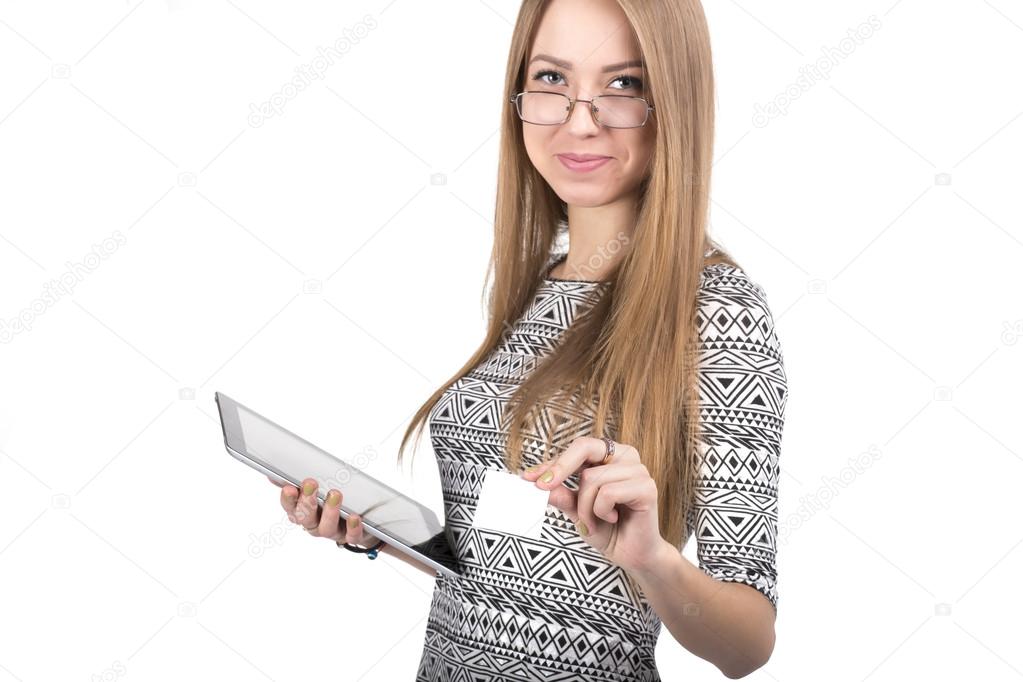 Young business lady gives business card