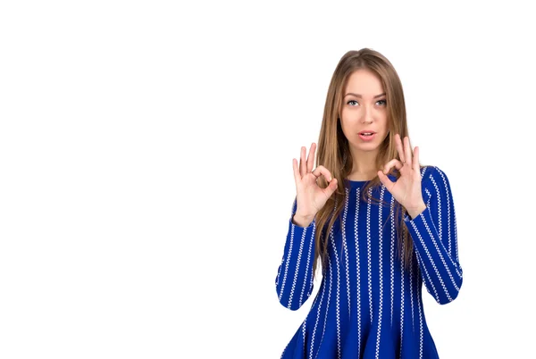 Happy smiling young lady with ok hand sign — Stock Photo, Image