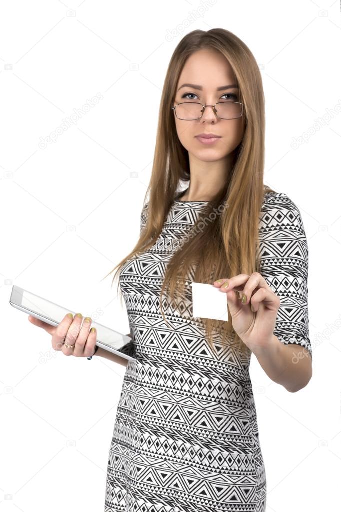 Young business lady gives business card