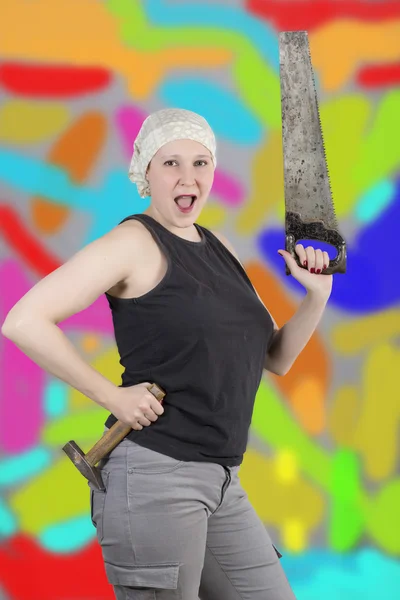 Female worker enjoys do-it-yourself house work — Stock Photo, Image