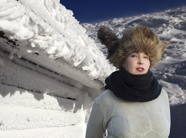 Dame souriante en chapeau de fourrure chaud hiver montagne forêt paysage sur fond — Photo