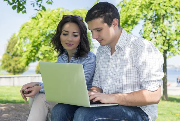 Young man and woman working in the part — Stock Photo, Image