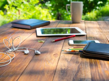 Wood desk and electronic gadgets