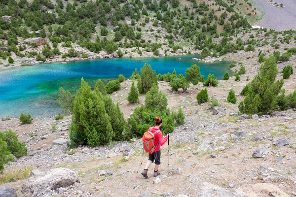 Hiker Walking Down to Lake — Stok fotoğraf