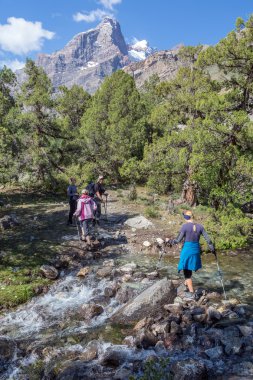 Group of Hikers Passing River