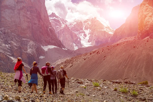 Groupe de randonneurs marchant dans la nature sauvage — Photo