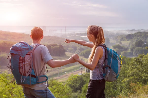 Romantic Journey Girlfriend and Boyfriend Pointing Hands — Stock Photo, Image