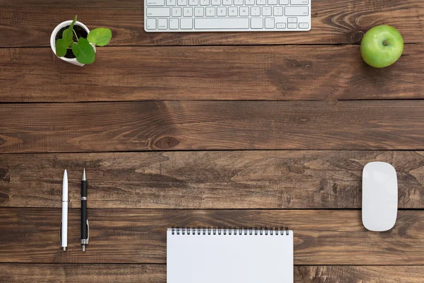 Brown Wooden Desk with Stationery Electronics Flora and Food — Stock Photo, Image