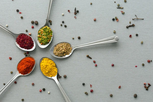 Close Up of Five Sorts of Asian Seasoning on Wooden Background — Stock Photo, Image