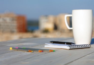 Every Day Diary Composition on Wooden Desk with Coffee Mug