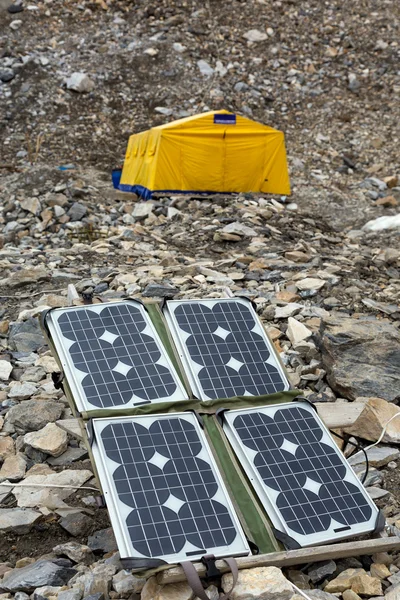 stock image Solar Panel on Mountain Landscape for Generating Power for Expedition