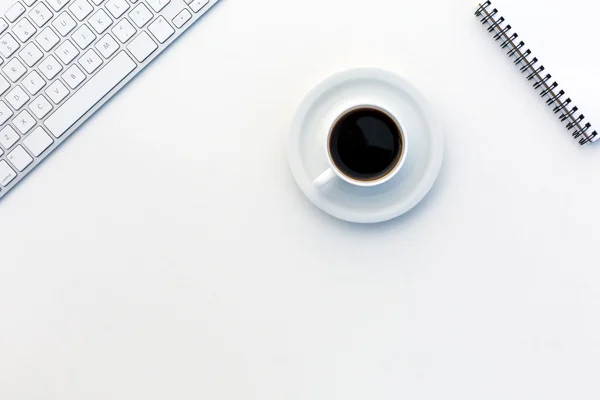 Office White Desk Top View with Business and Every Day Life Items Electronics and Coffee Mug — Stock Photo, Image