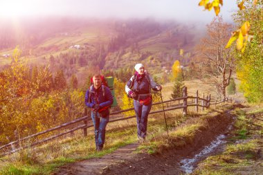 Two Hikers Walking on Rural Trail among Autumnal Forest clipart