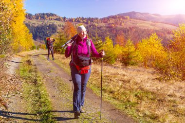 İki yürüyüşçü sonbahar orman yolu yürüyüş