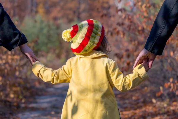 Två generationen familjen promenader i höstlig skog bakifrån — Stockfoto