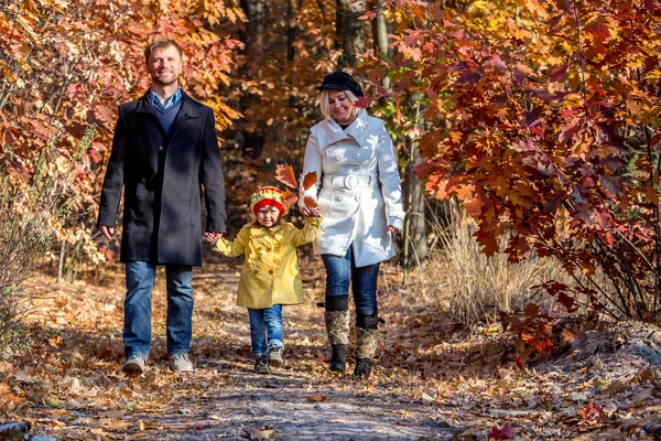 Twee generatie familie wandelen in herfst bos vooraanzicht — Stockfoto