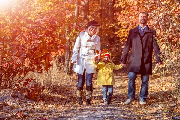 Két generációs családi séta az őszi erdőben elölnézete — Stock Fotó