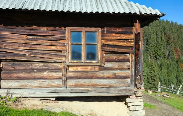 Pared de madera áspera de la cabaña de pastores de verano con ventana en el bosque de montaña — Foto de Stock