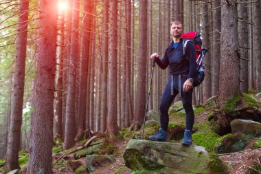 Smiling Male Hiker Staying in Dense Old Forest