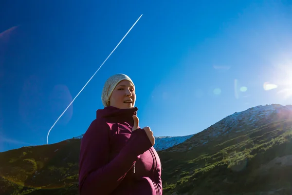 Excited Woman Hiker Showing Thumb Up — Stok fotoğraf