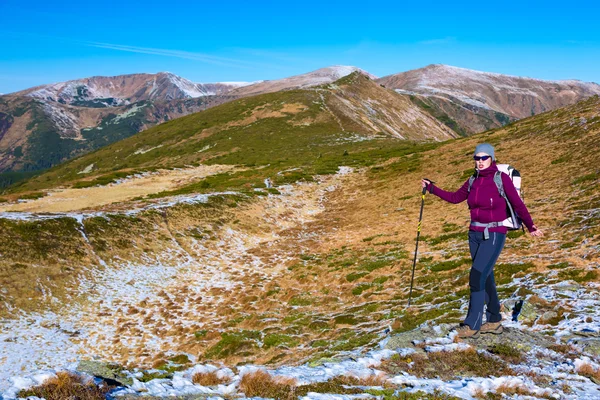 Senderista femenina enérgica caminando por senderos nevados y herbáceos con vistas panorámicas a la montaña —  Fotos de Stock