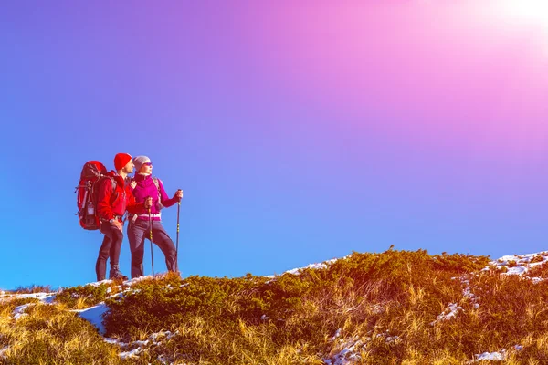 Two Travelers staying on grassy mountain ridge and enjoying Nature — Stok fotoğraf