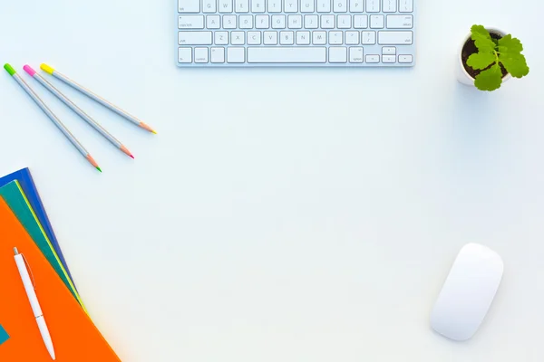 Office White Table with Computer Keyboard Mouse Color Pencils Booklets and other Supplies — Stock Photo, Image