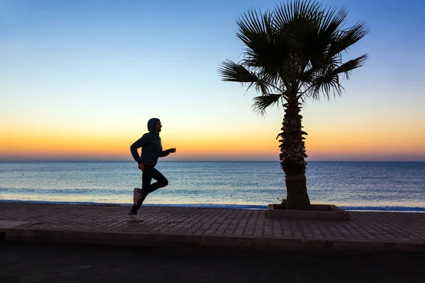 慢跑在海滨胡同与棕榈树沿着平静大海多彩日出的男人 — 图库照片