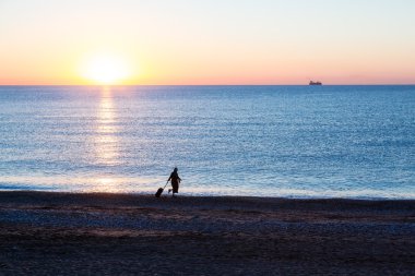 Egzotik tatil siluet, okyanus plaj boyunca seyahat bavul çekerek kadın