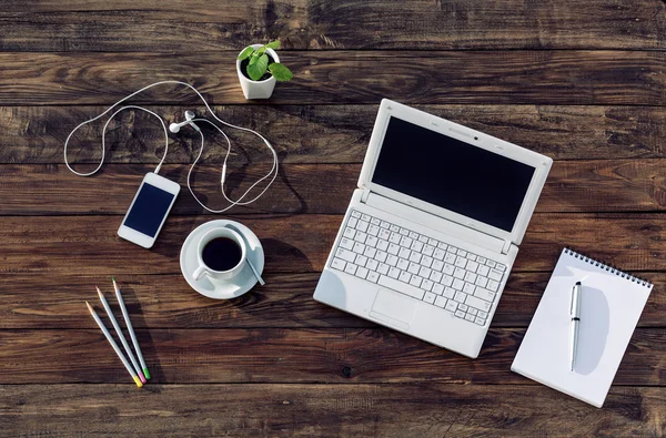 Top view of working Place on natural wooden Table — Stock fotografie