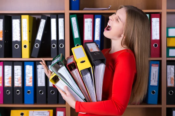 Business Lady holding large Stack of Office Folders — Stock Photo, Image