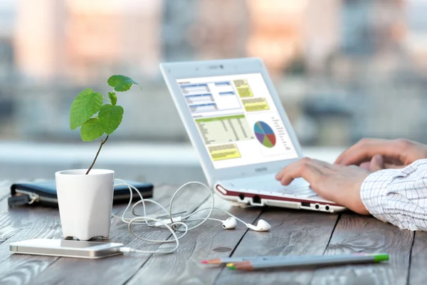 Açık veranda ahşap masada bilgisayar ve çiçek ile işyerinde