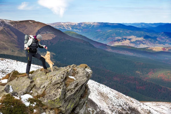 Hiker playing with accompanying Dog staying at rocky Mountains Cliff — Stock Photo, Image