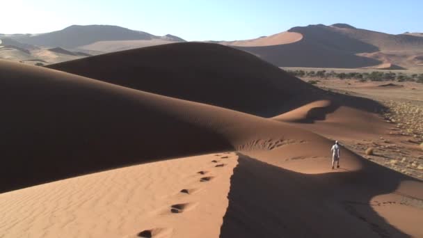 Turista en dunas de arena — Vídeo de stock