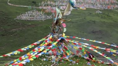 Genç Budist keşiş bir rüzgar at dua bayrakları düzenlenmesi