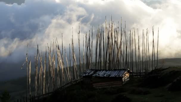 Prayer flags high in the foothills — Stock Video