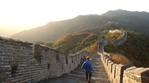 Мужчина ходит по Великой Китайской стене — стоковое видео