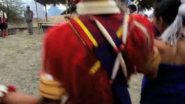 Tribesmen from the Ao tribe dancing at tribal Hornbill festival — Stock Video