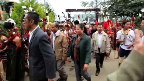 Tribesmen from different tribes gathering at tribal Hornbill festival — Stock Video
